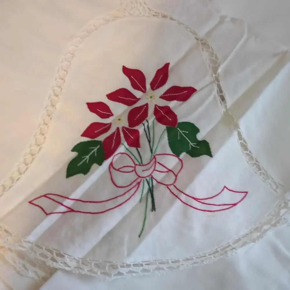 Vintage NWT Christmas Hand Embroidered Tablecloth and 12 Napkins Never Used